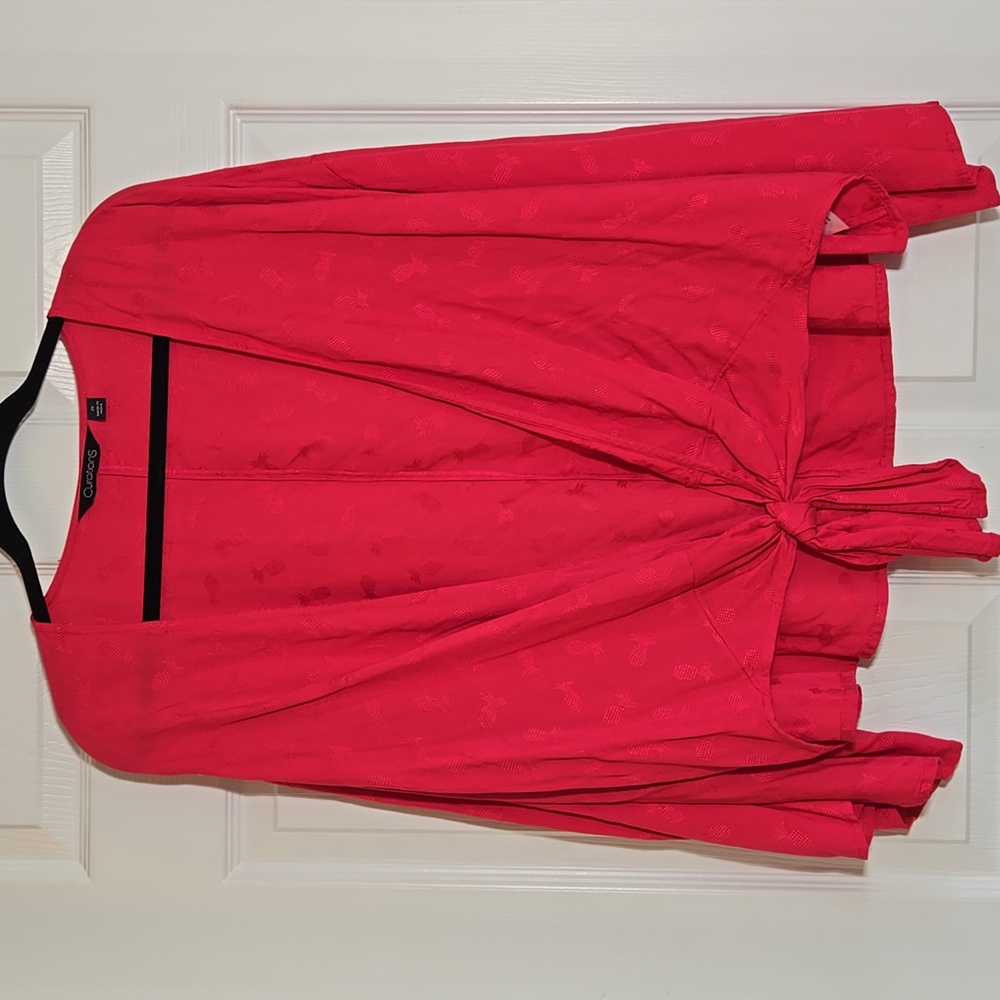 New Curation Fushia Pink Pineapple Design Open Front Tie Top Size 2X